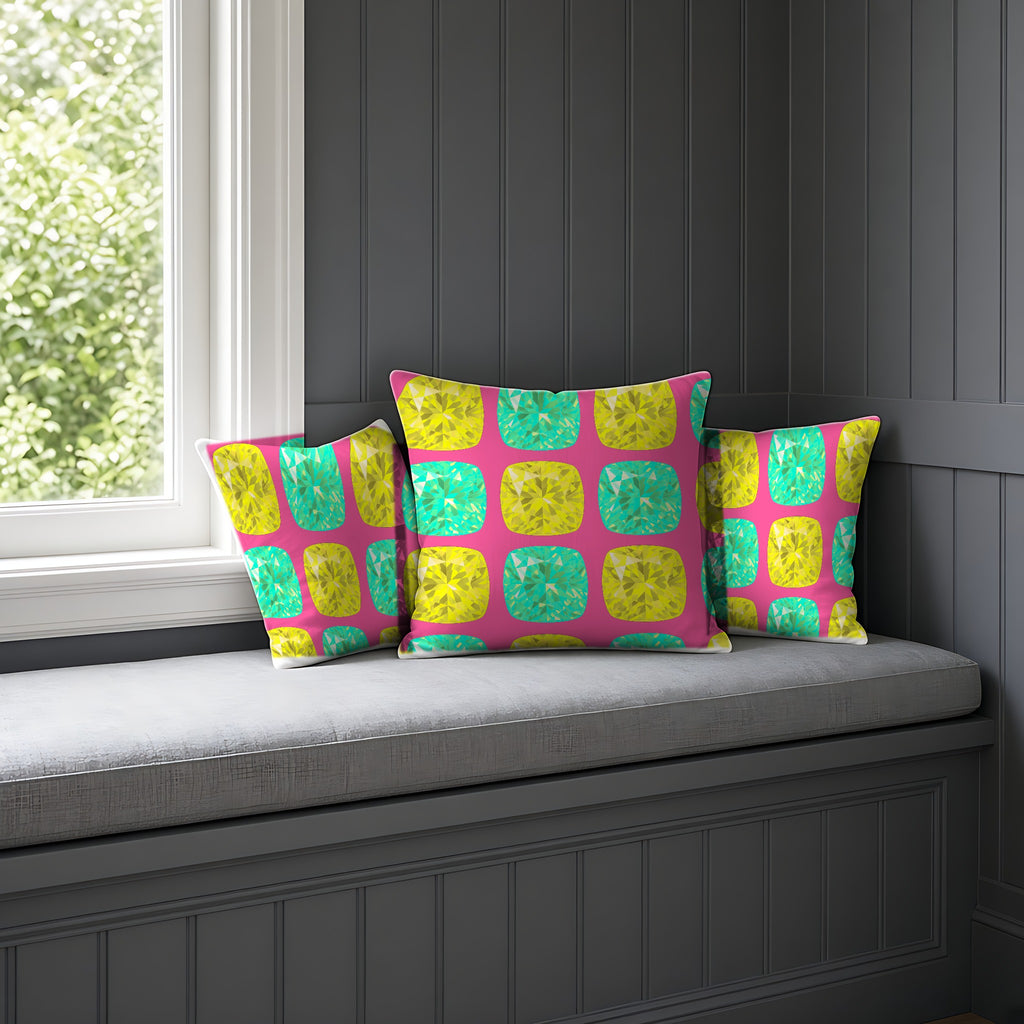 Giant Cut Gem Grid Faux Suede Cushion on a window seat
