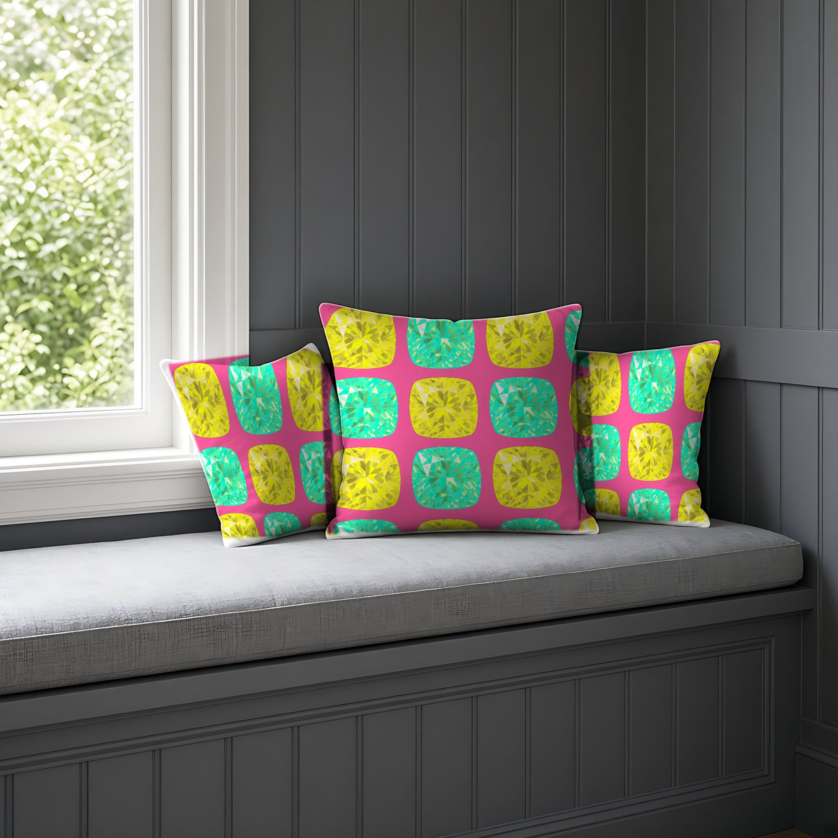 Giant Cut Gem Grid Faux Suede Cushion on a window seat