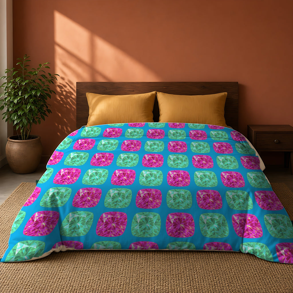 Giant Cut Gem Grid Comforter on a king bed against a warm terracotta wall