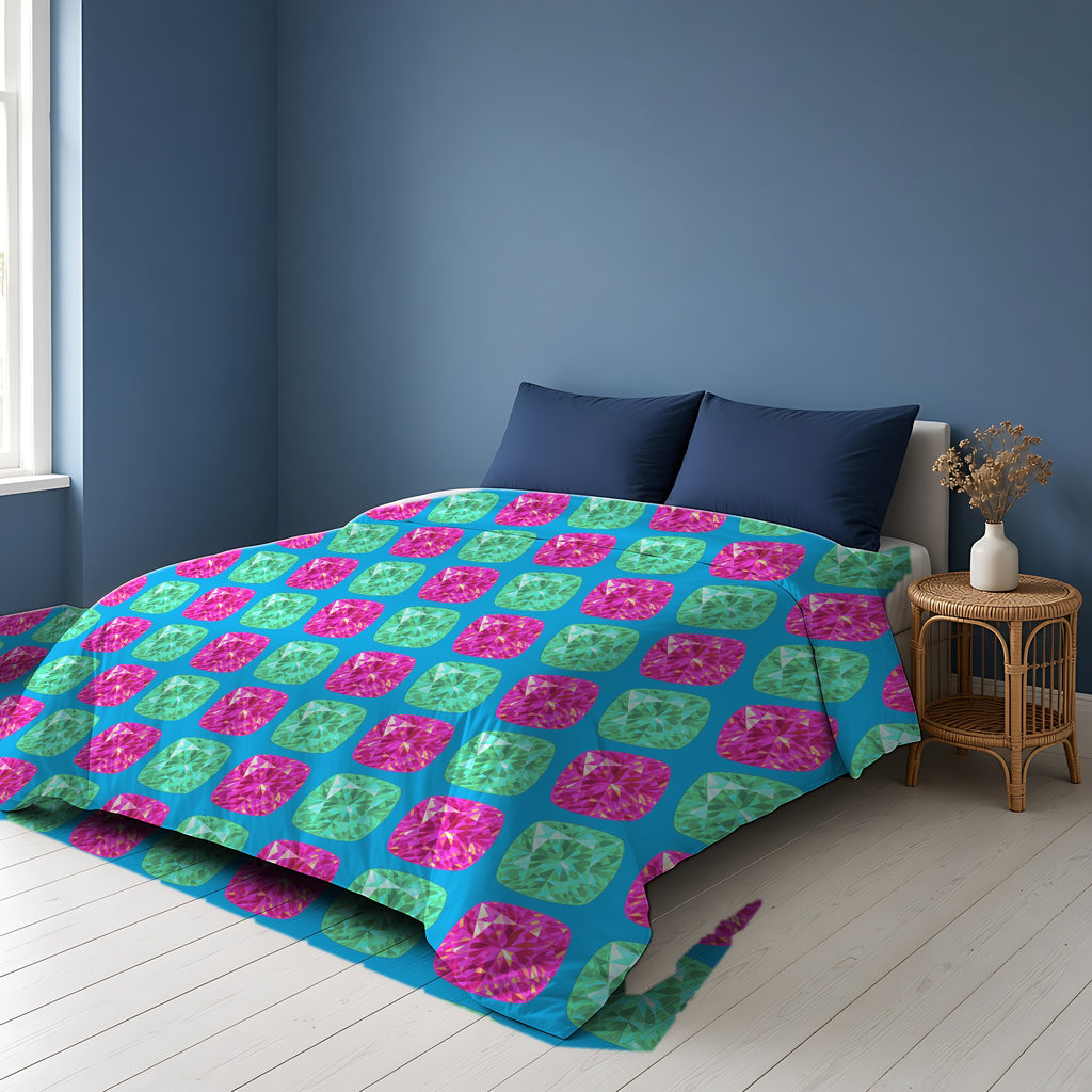 Giant Cut Gem Grid Comforter on a bed in a Scandinavian blue bedroom
