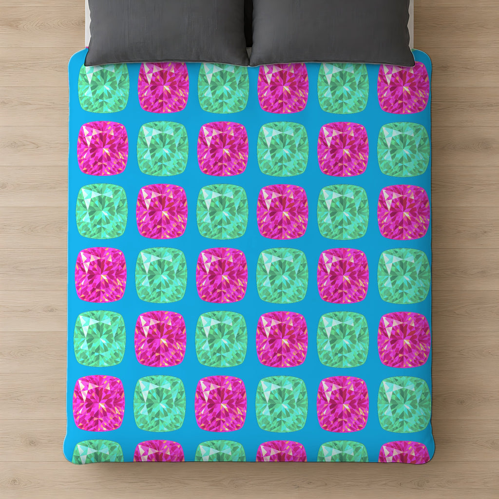 Giant Cut Gem Grid Comforter on a bed, seen from above