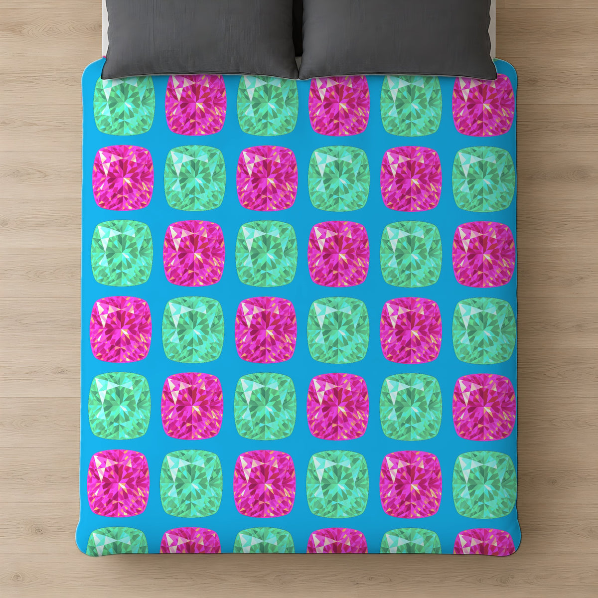 Giant Cut Gem Grid Comforter on a bed, seen from above