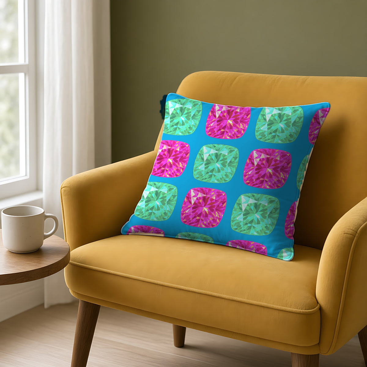 Giant Cut Gem Grid Faux Suede Cushion on a mustard armchair by a window