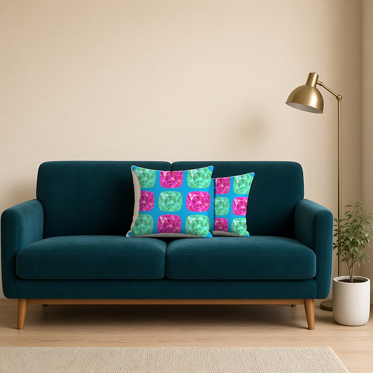 Giant Cut Gem Grid Faux Suede Cushion on a teal velvet sofa
