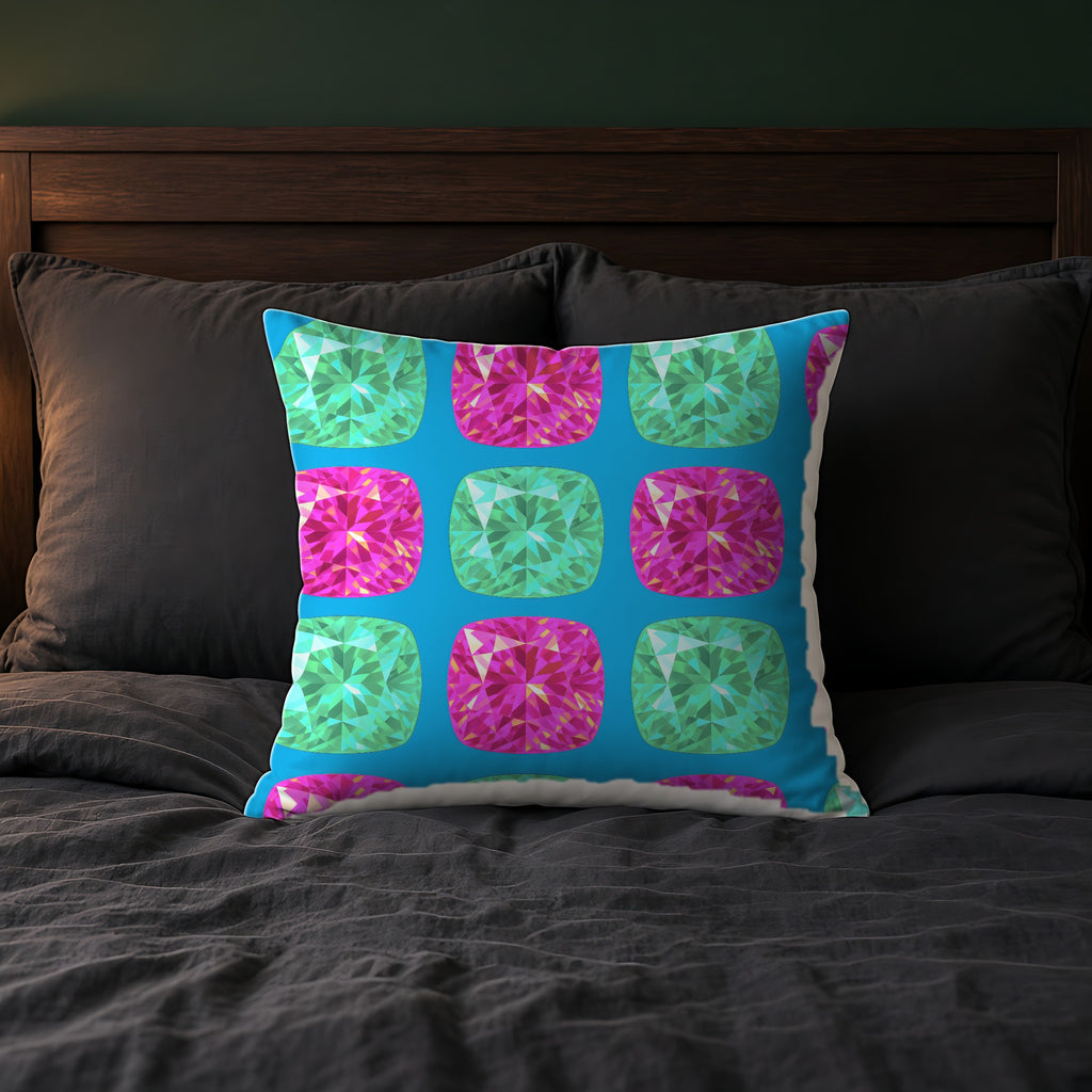 Giant Cut Gem Grid Faux Suede Cushion on a bed with charcoal bedding