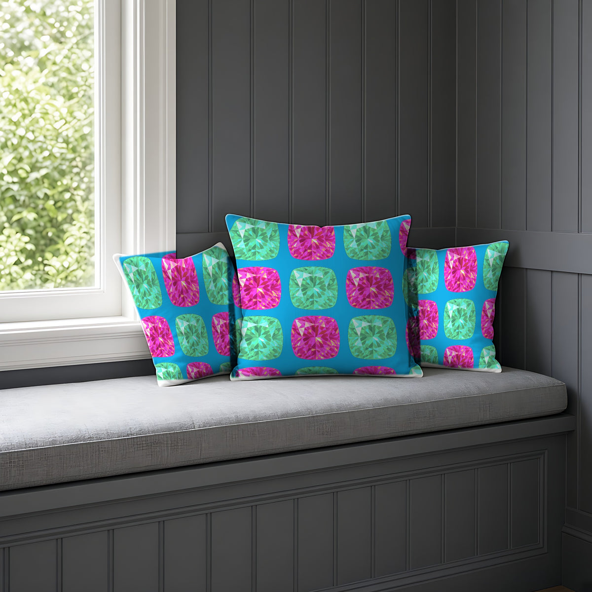 Giant Cut Gem Grid Faux Suede Cushion on a window seat