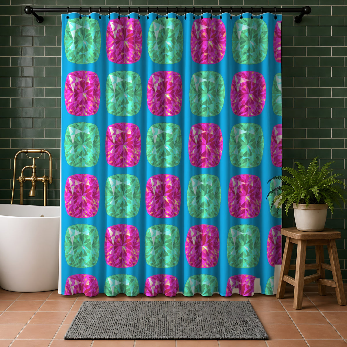 Giant Cut Gem Grid Shower Curtain in a bathroom with dark green tiles