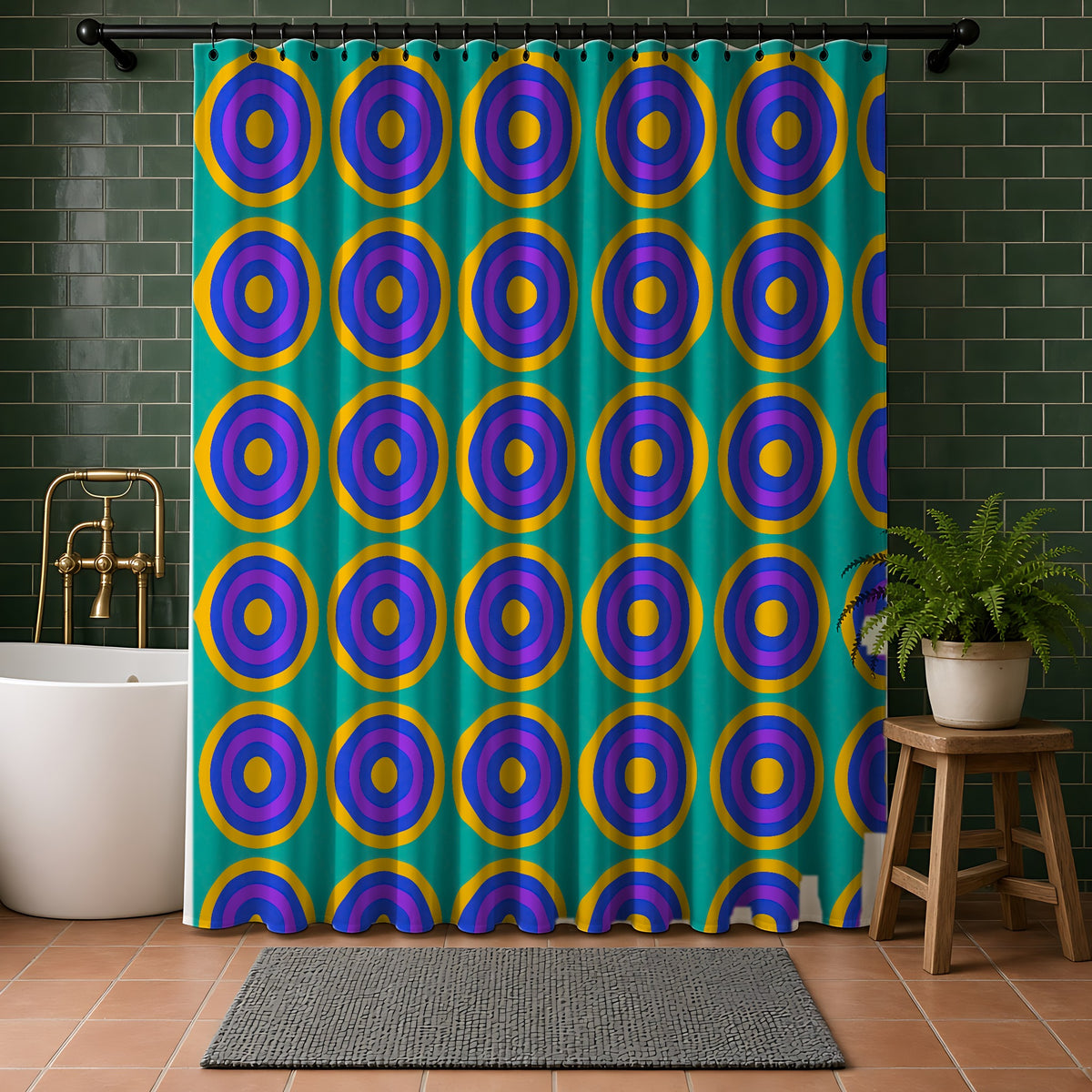 Mega Ring Grid Shower Curtain in a bathroom with dark green tiles