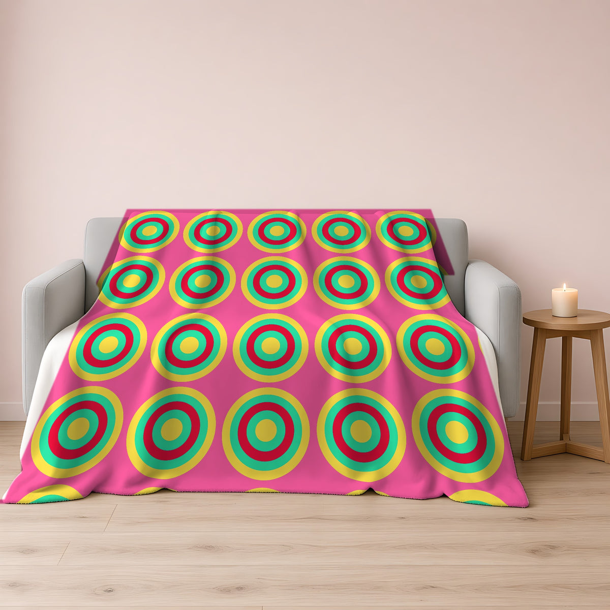 Mega Ring Grid Sherpa Fleece Blanket draped over a grey sofa
