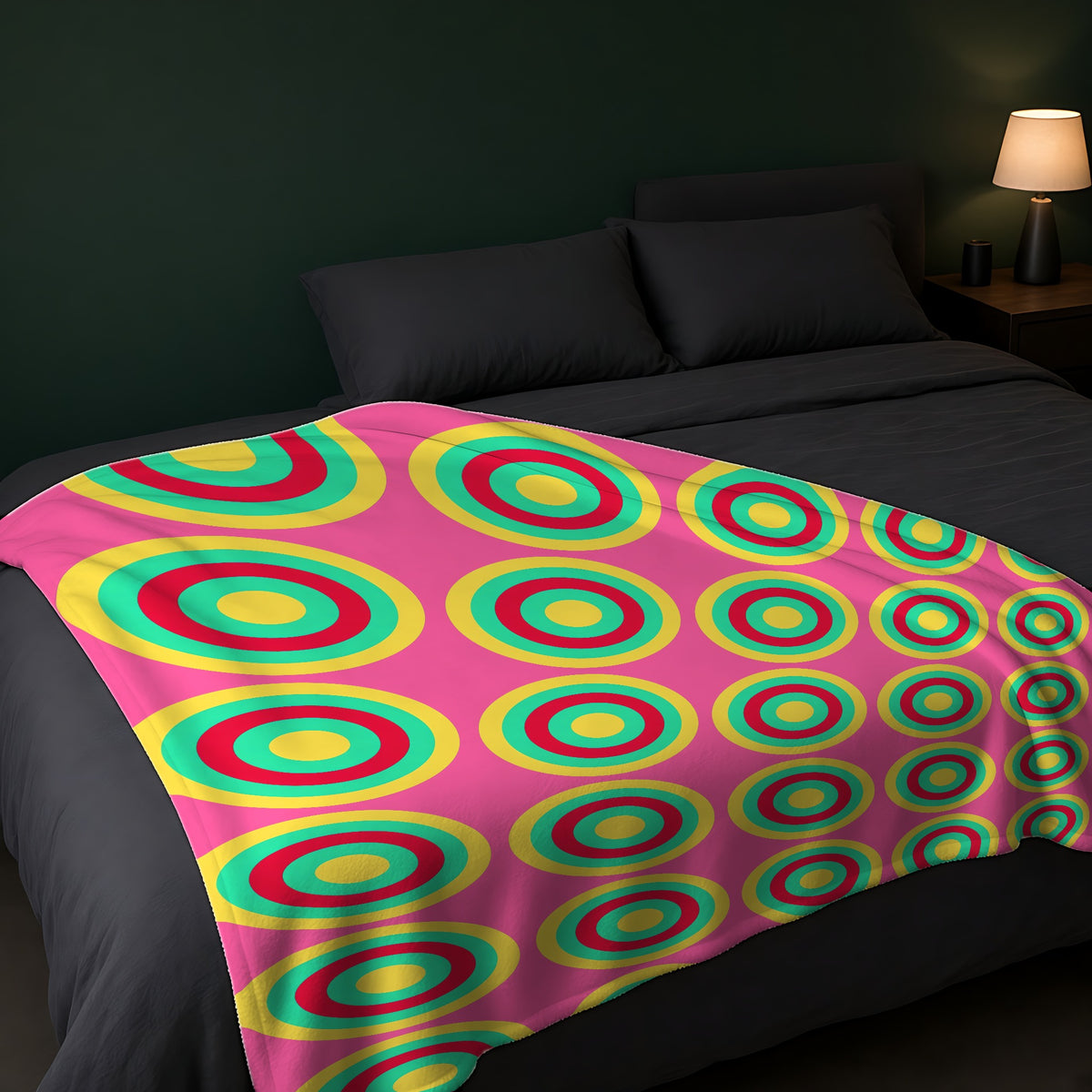 Mega Ring Grid Sherpa Fleece Blanket across the foot of a dark bed