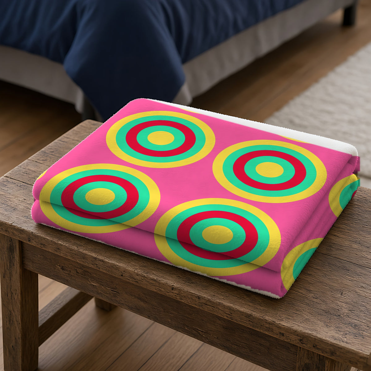 Mega Ring Grid Sherpa Fleece Blanket folded on a wooden bench