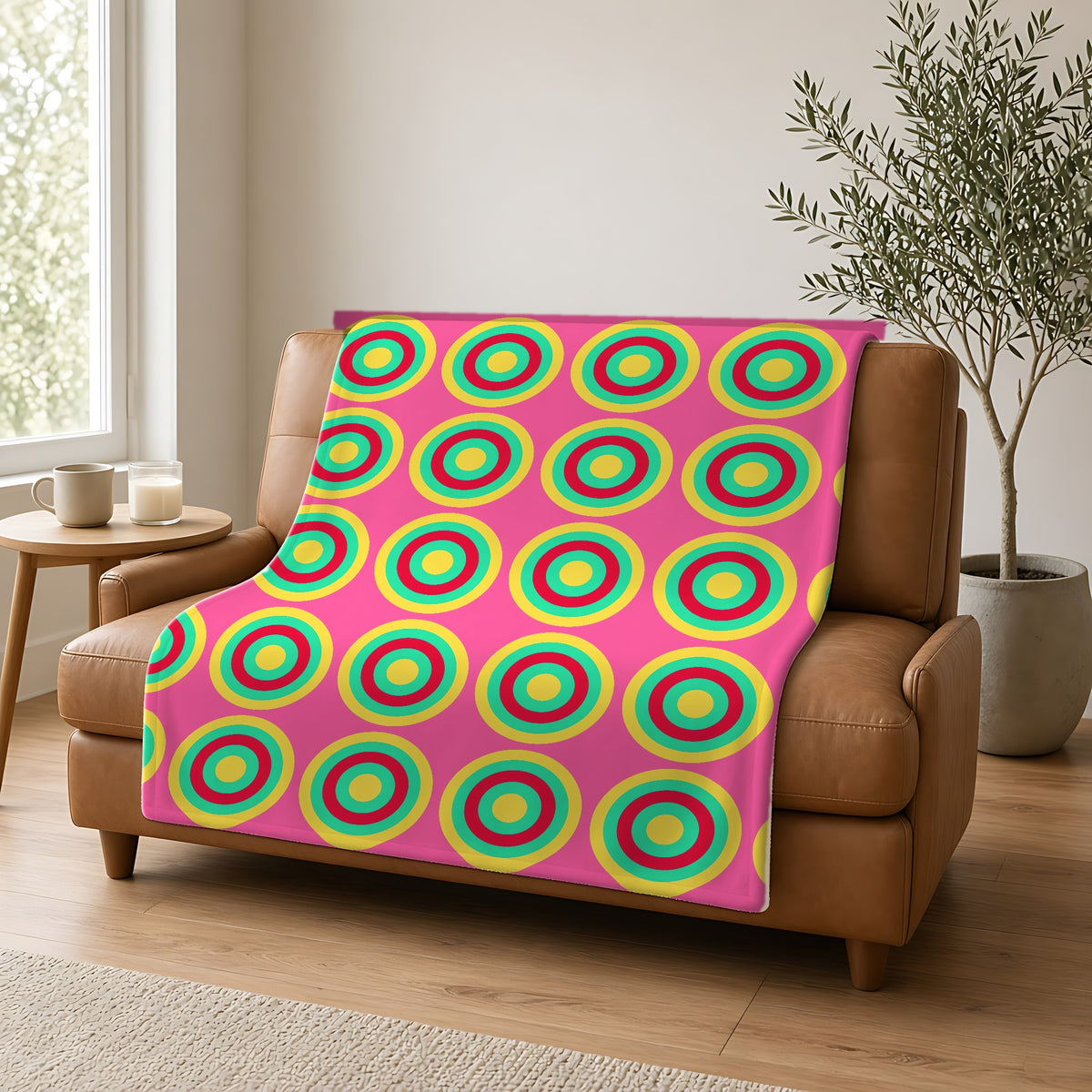 Mega Ring Grid Sherpa Fleece Blanket draped over a caramel leather sofa