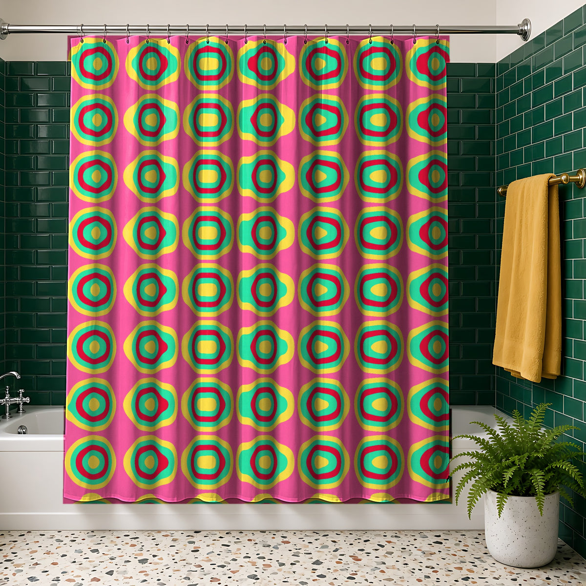 Mega Ring Grid Shower Curtain in the Candy Christmas palette, hanging in a bathroom with emerald tiles