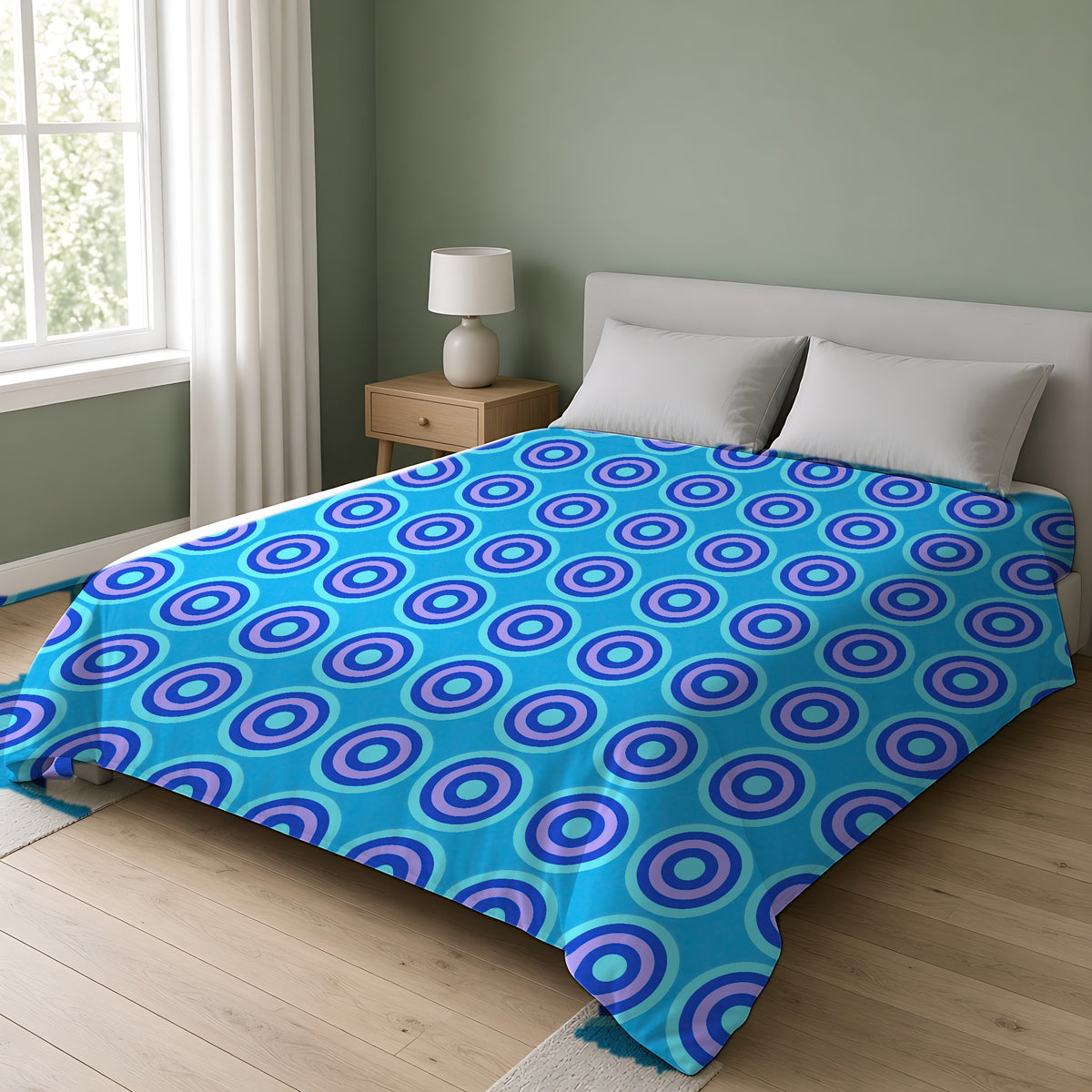 Mega Ring Grid Comforter on a double bed in a bright sage-green bedroom