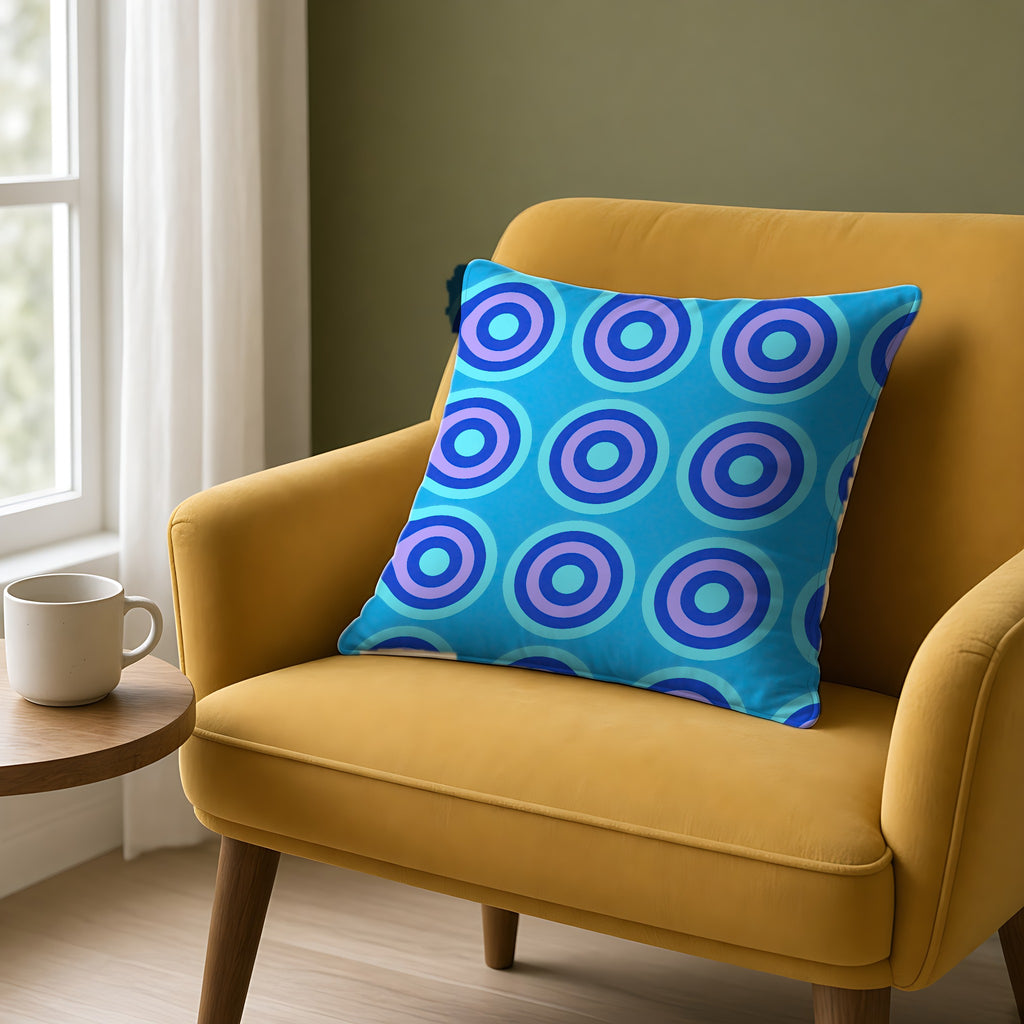 Mega Ring Grid Faux Suede Cushion on a mustard armchair by a window