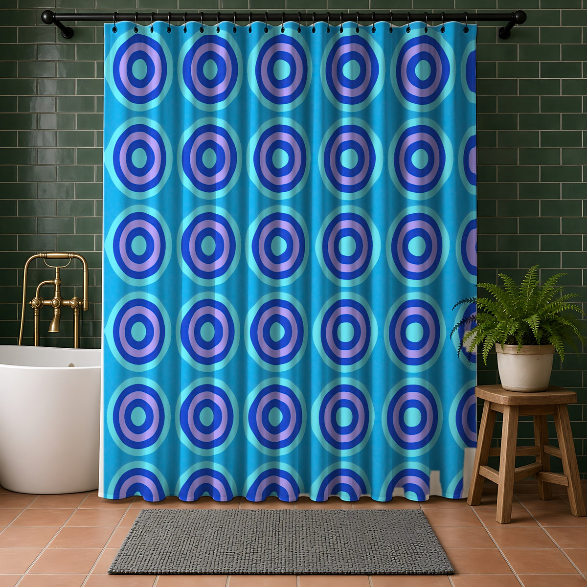 Mega Ring Grid Shower Curtain in a bathroom with dark green tiles