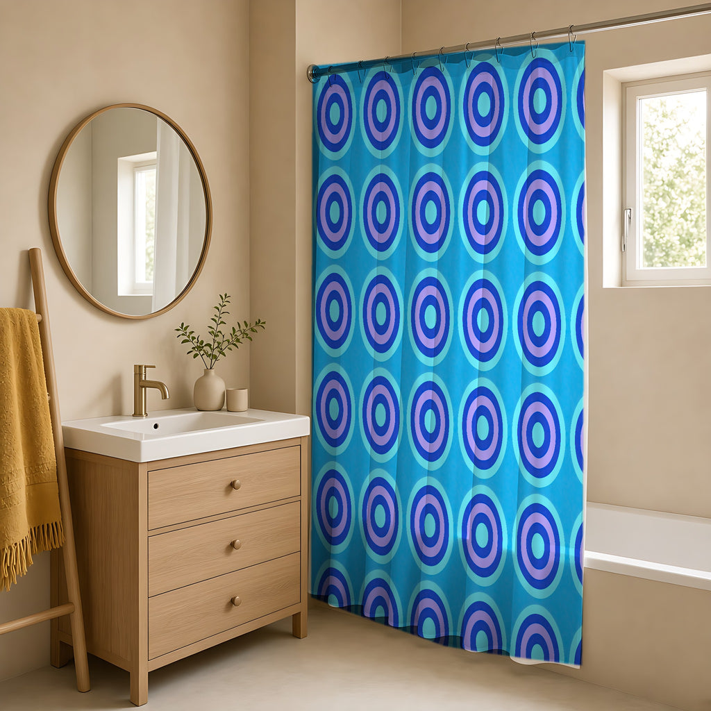 Mega Ring Grid Shower Curtain in a warm neutral bathroom with an oak vanity