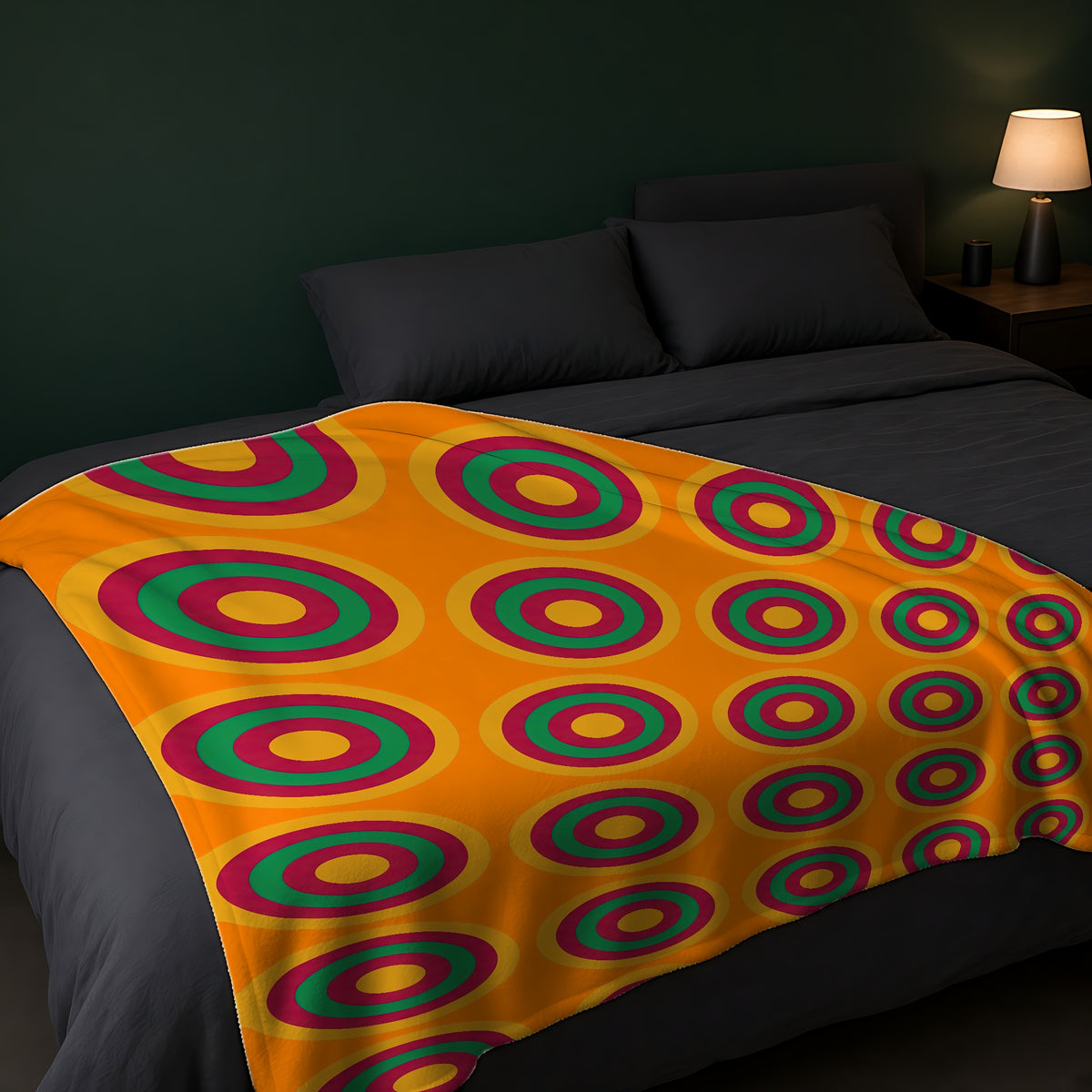 Mega Ring Grid Sherpa Fleece Blanket across the foot of a dark bed