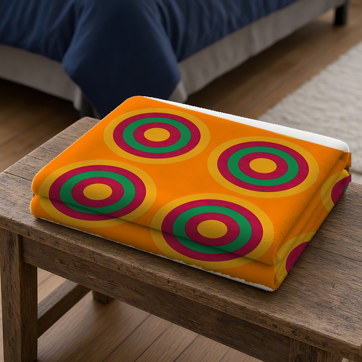 Mega Ring Grid Sherpa Fleece Blanket folded on a wooden bench