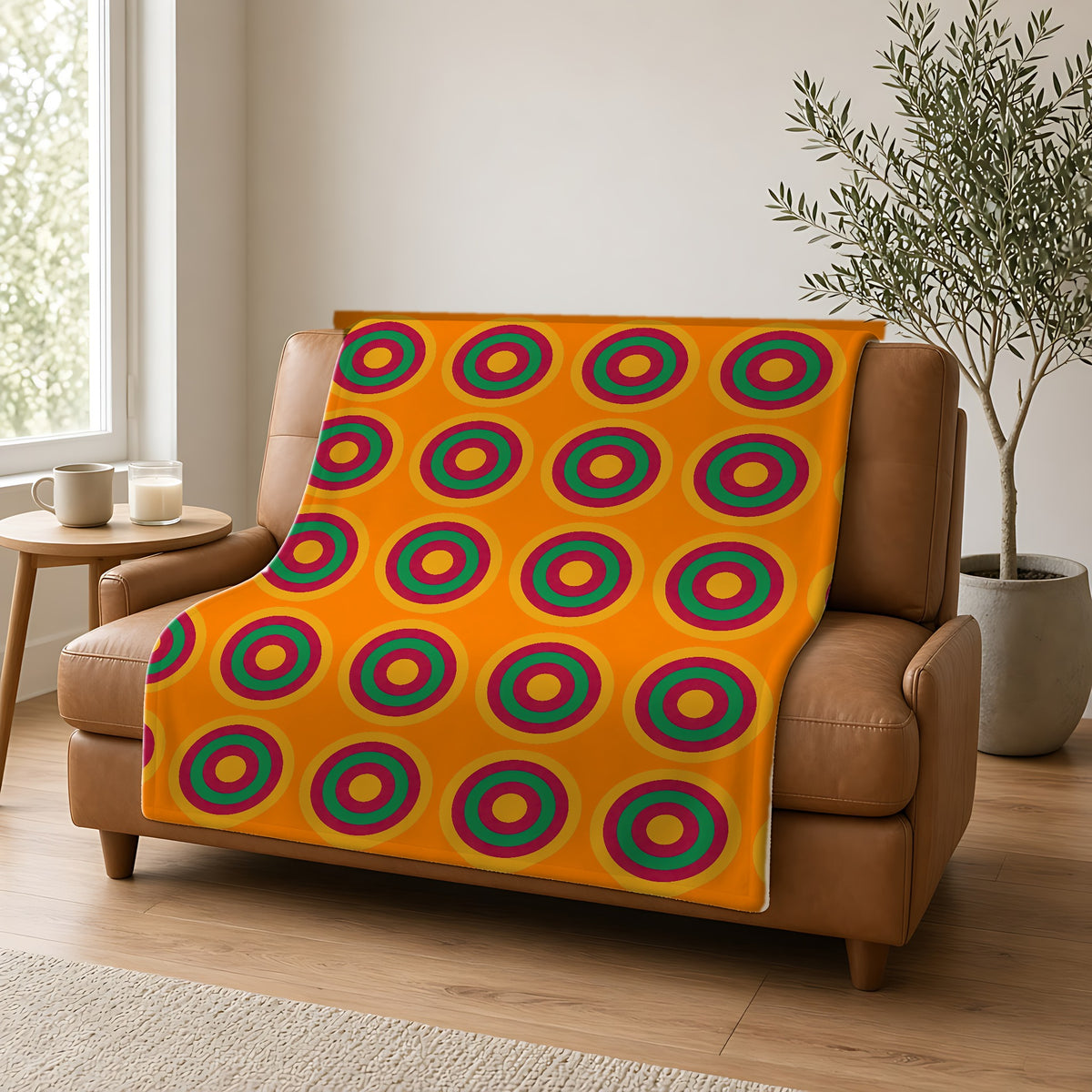 Mega Ring Grid Sherpa Fleece Blanket draped over a caramel leather sofa