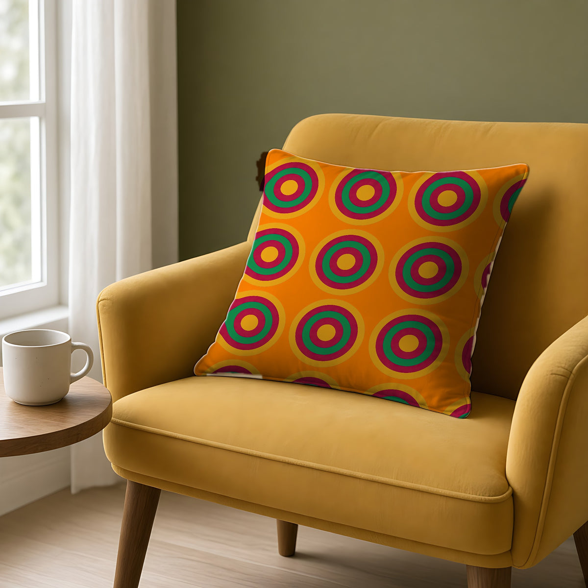 Mega Ring Grid Faux Suede Cushion on a mustard armchair by a window