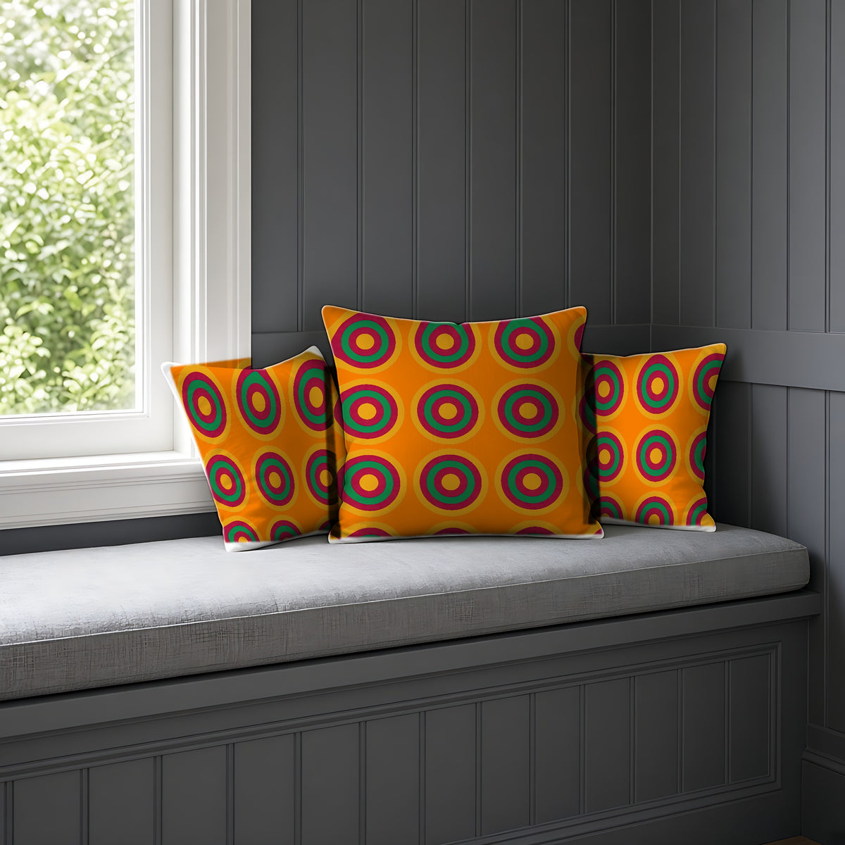 Mega Ring Grid Faux Suede Cushion on a window seat