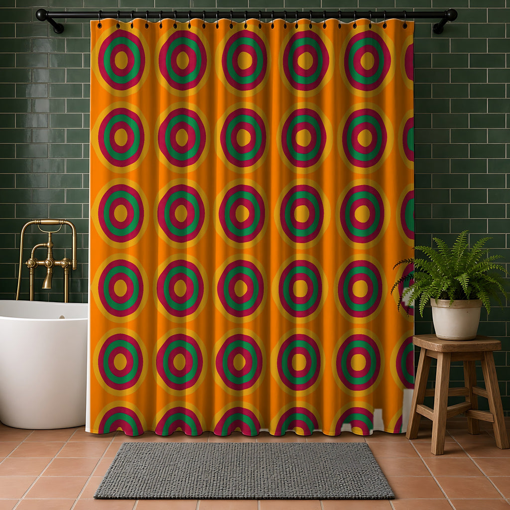Mega Ring Grid Shower Curtain in a bathroom with dark green tiles
