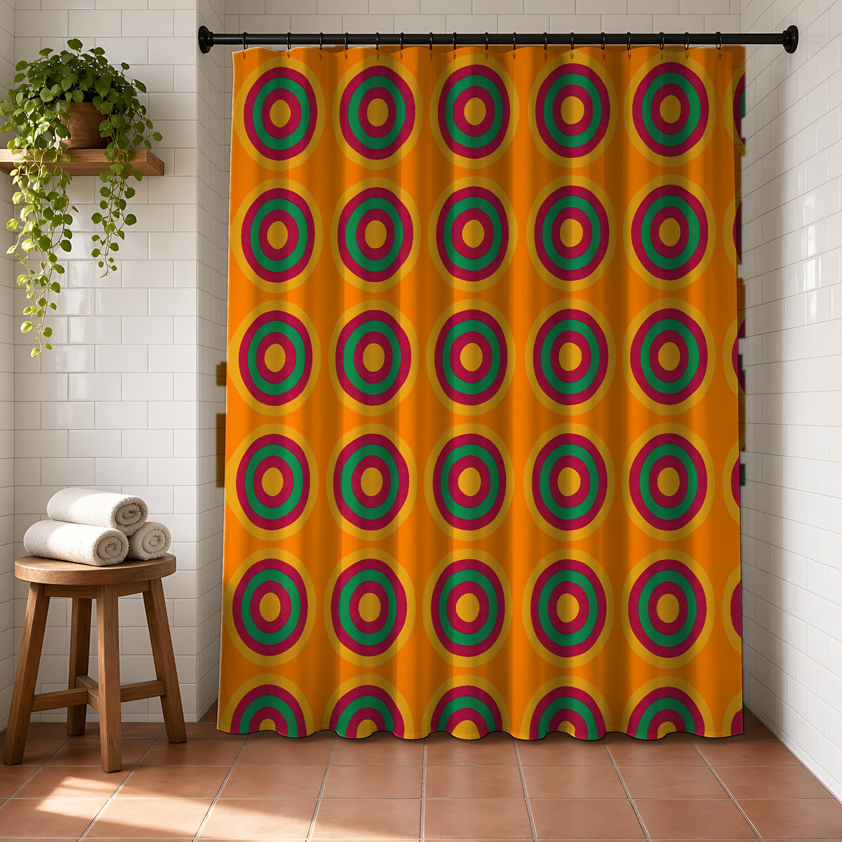 Mega Ring Grid Shower Curtain in a bright bathroom with white tiles and a terracotta floor