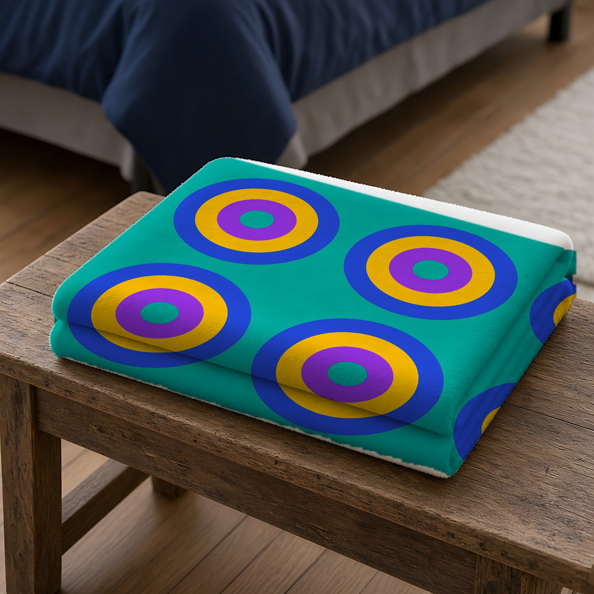 Giant Op-Art Jewel Rings Sherpa Fleece Blanket folded on a wooden bench