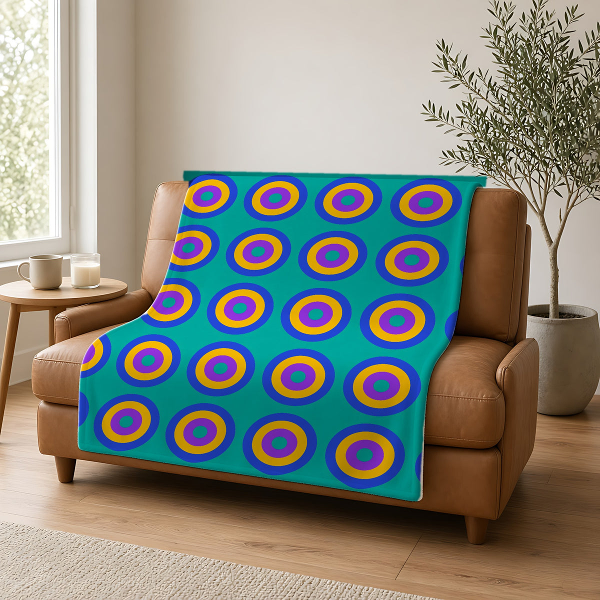 Giant Op-Art Jewel Rings Sherpa Fleece Blanket draped over a caramel leather sofa