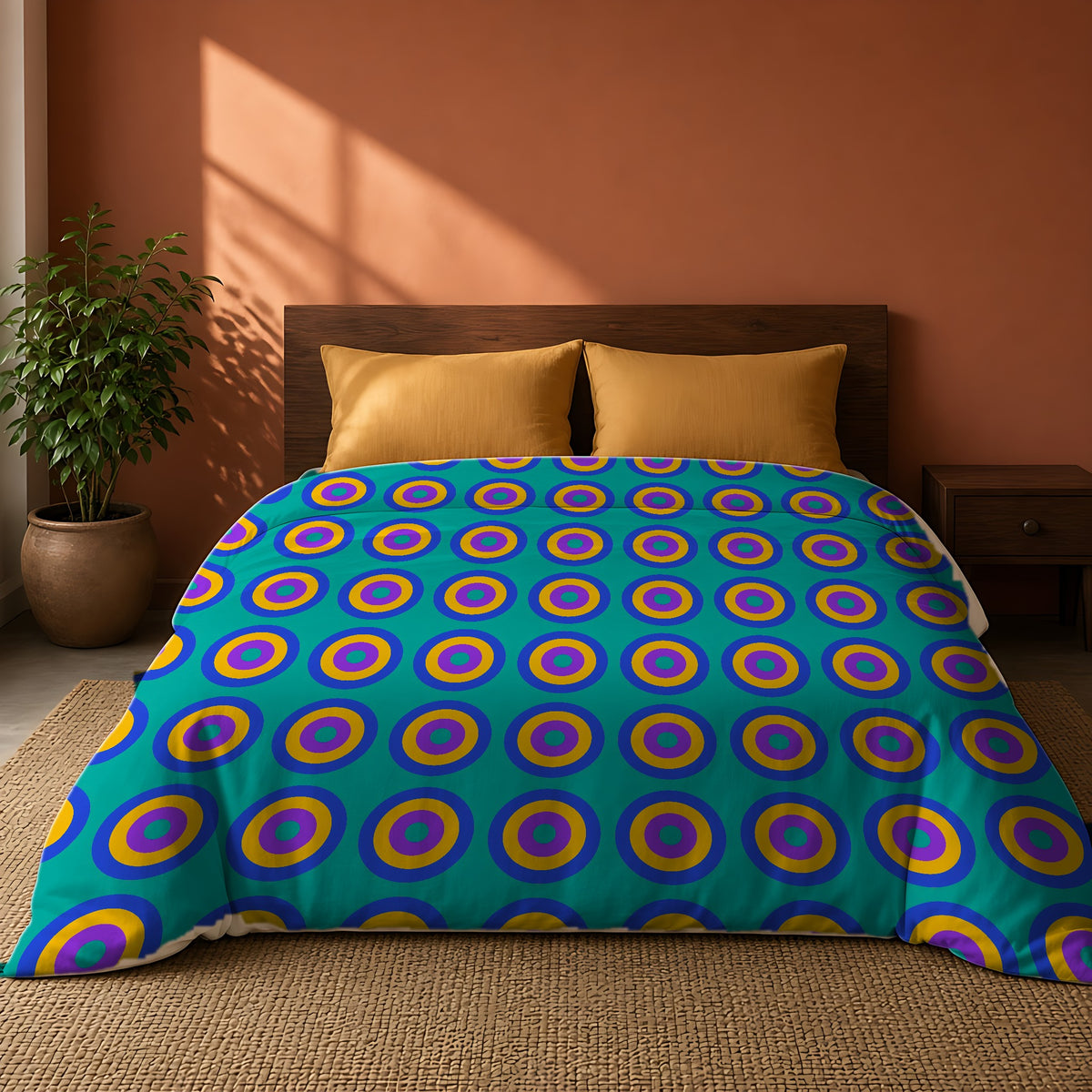 Giant Op-Art Jewel Rings Comforter on a king bed against a warm terracotta wall