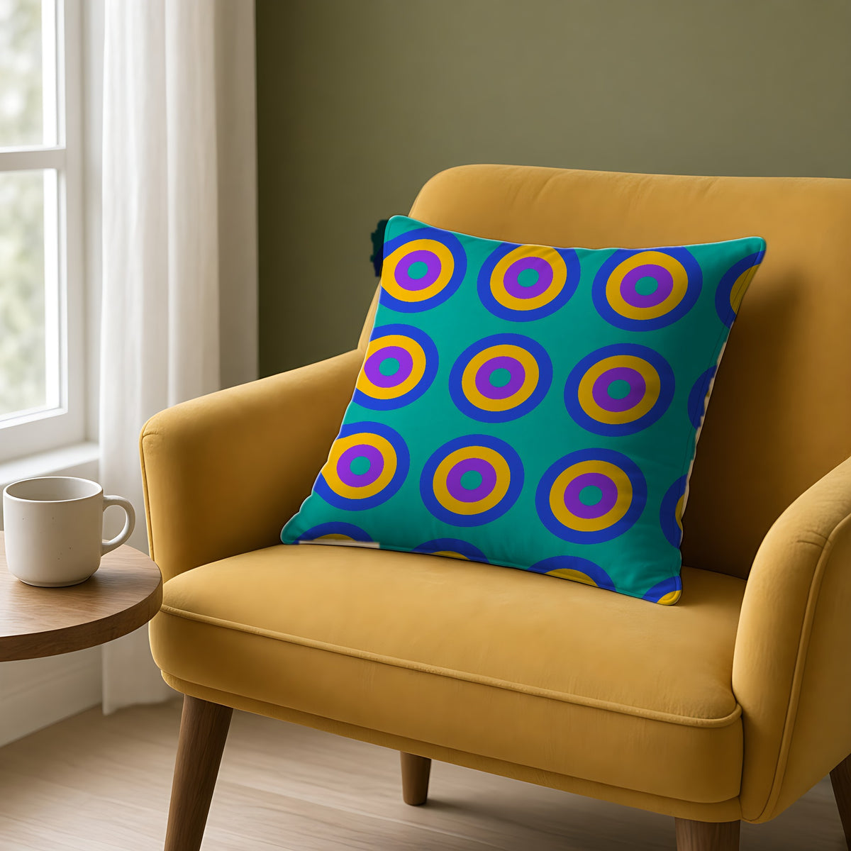 Giant Op-Art Jewel Rings Faux Suede Cushion on a mustard armchair by a window