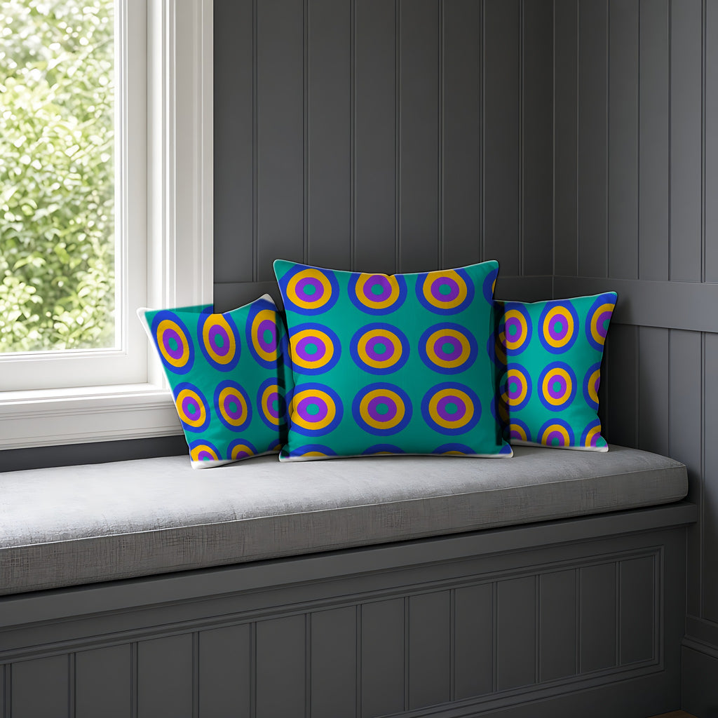 Giant Op-Art Jewel Rings Faux Suede Cushion on a window seat