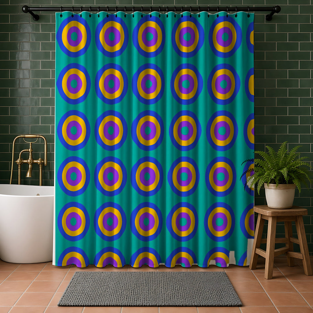 Giant Op-Art Jewel Rings Shower Curtain in a bathroom with dark green tiles