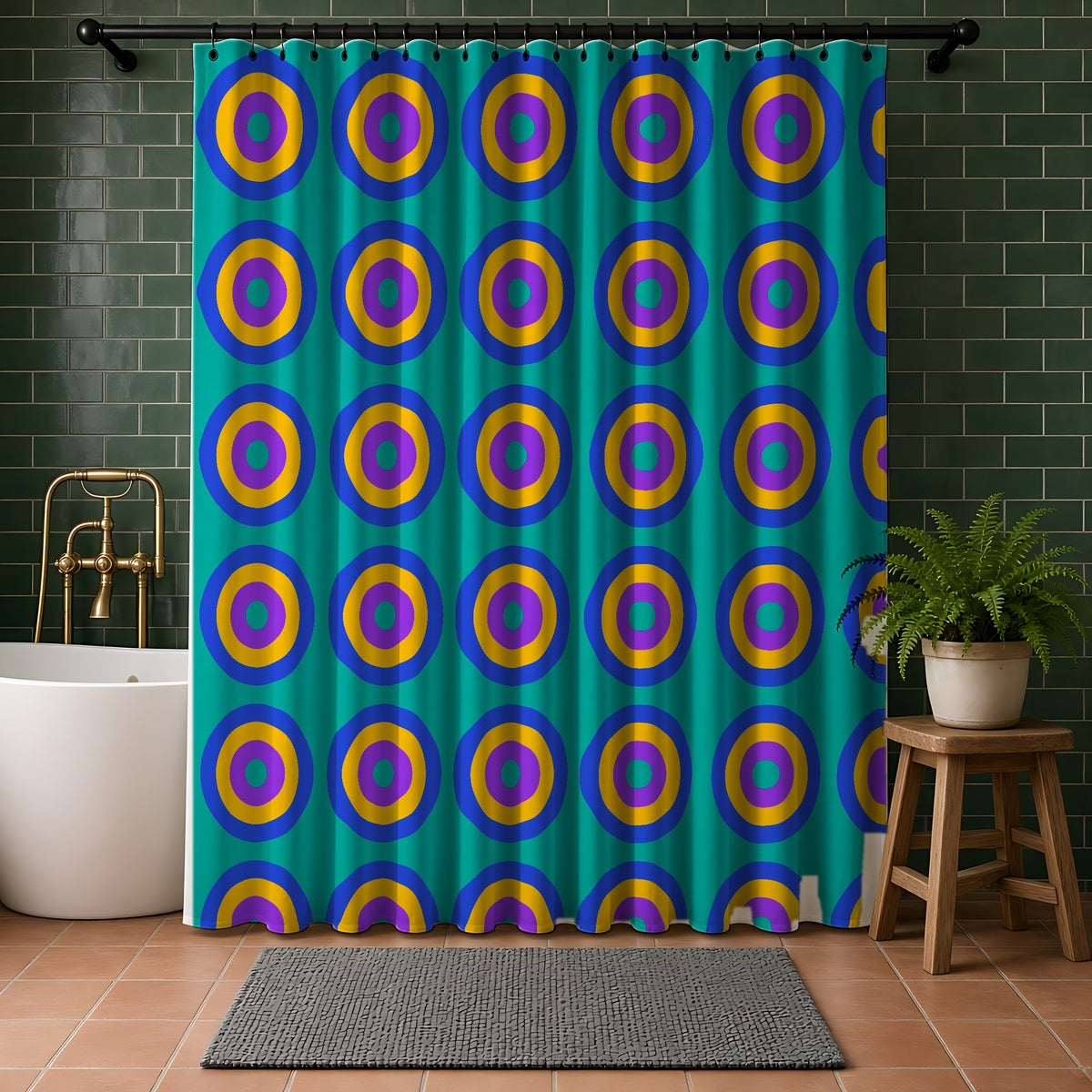 Giant Op-Art Jewel Rings Shower Curtain in a bathroom with dark green tiles