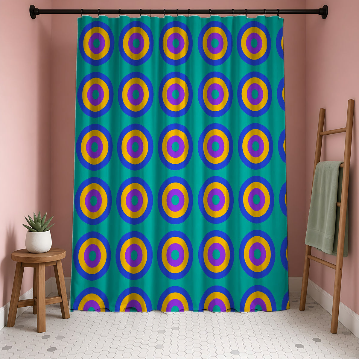 Giant Op-Art Jewel Rings Shower Curtain in a blush-pink bathroom