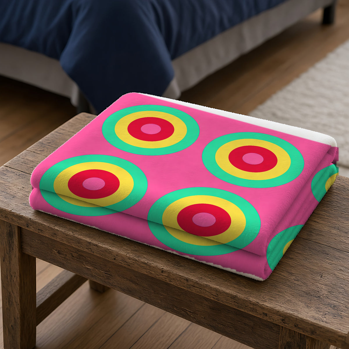 Giant Op-Art Jewel Rings Sherpa Fleece Blanket folded on a wooden bench