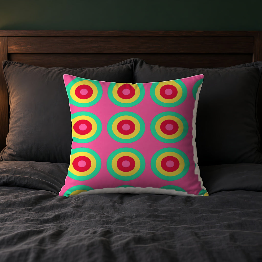 Giant Op-Art Jewel Rings Faux Suede Cushion on a bed with charcoal bedding
