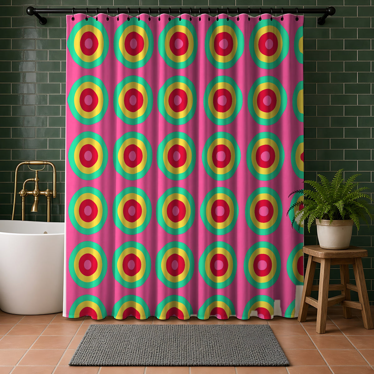 Giant Op-Art Jewel Rings Shower Curtain in a bathroom with dark green tiles