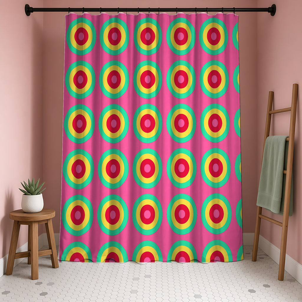 Giant Op-Art Jewel Rings Shower Curtain in a blush-pink bathroom