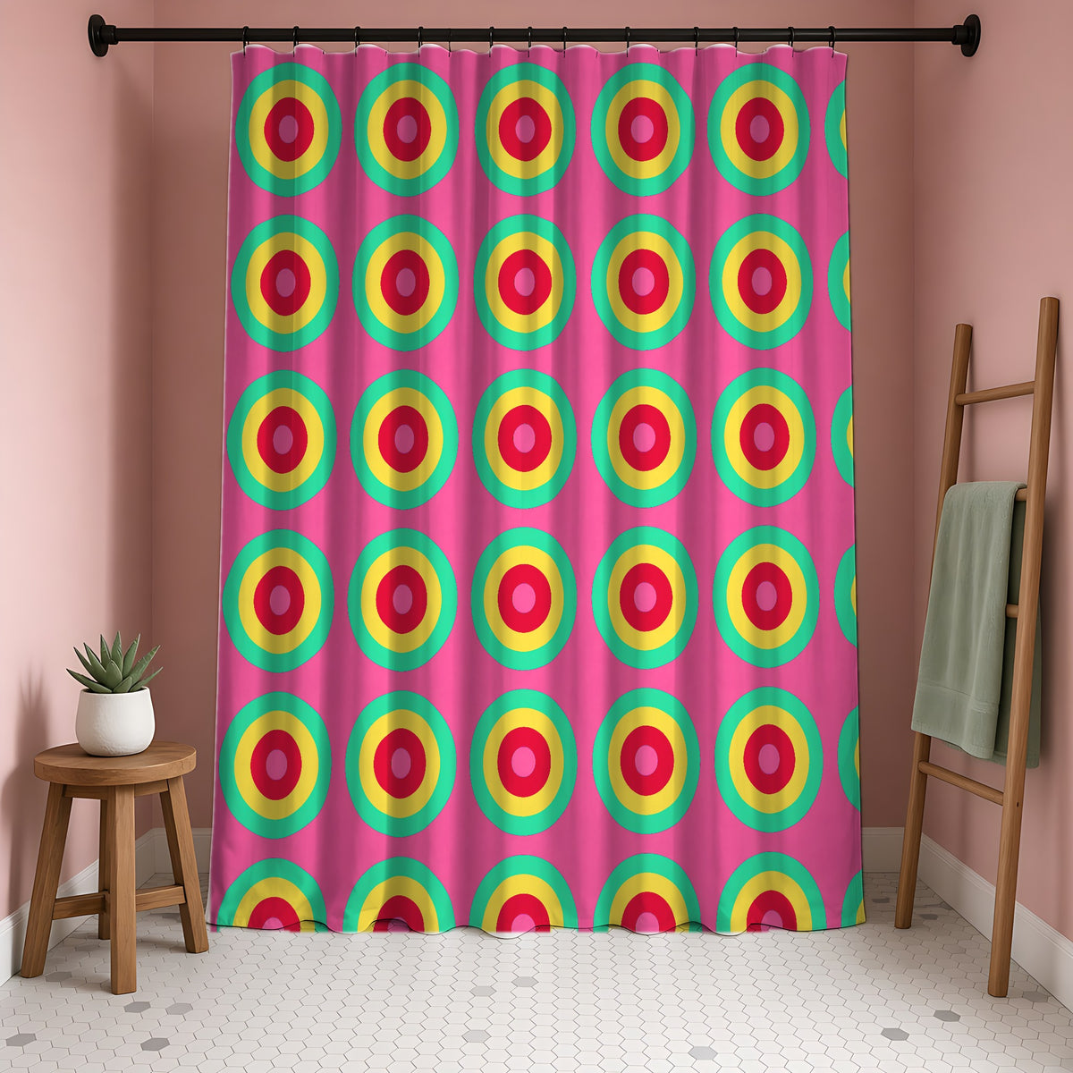Giant Op-Art Jewel Rings Shower Curtain in a blush-pink bathroom