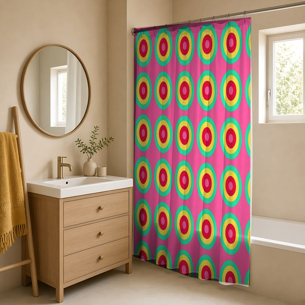 Giant Op-Art Jewel Rings Shower Curtain in a warm neutral bathroom with an oak vanity