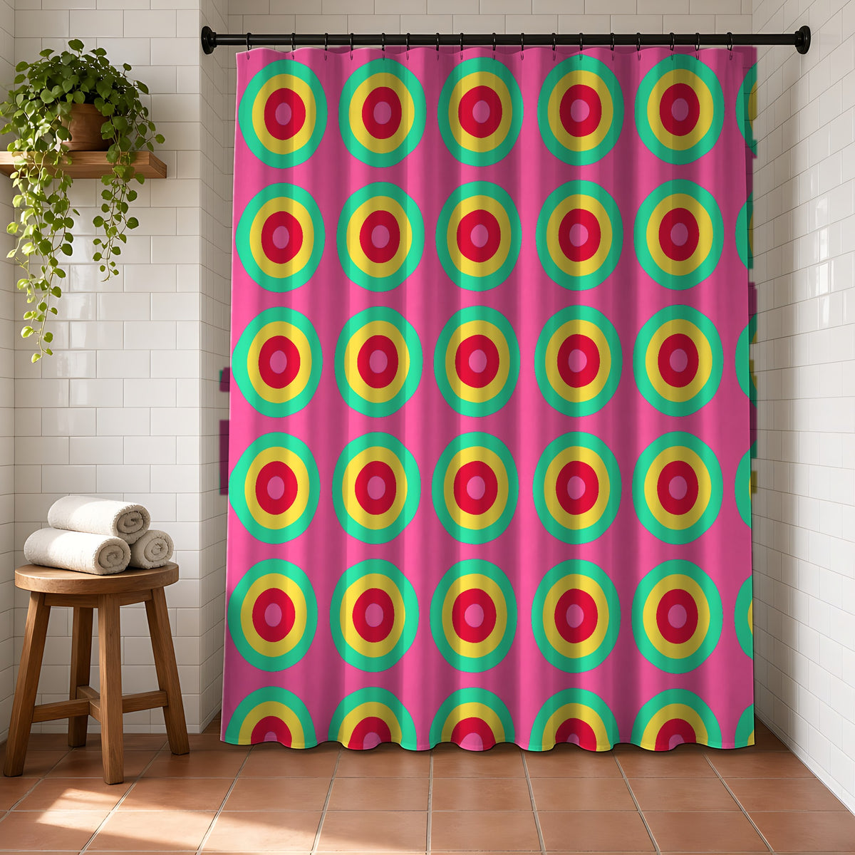Giant Op-Art Jewel Rings Shower Curtain in a bright bathroom with white tiles and a terracotta floor