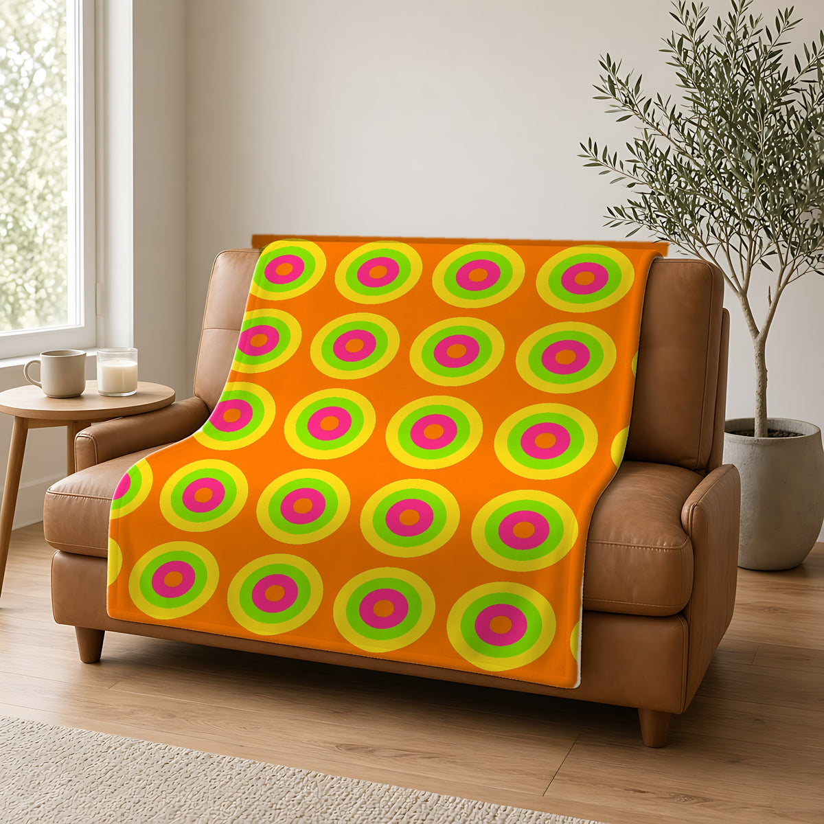 Giant Op-Art Jewel Rings Sherpa Fleece Blanket draped over a caramel leather sofa