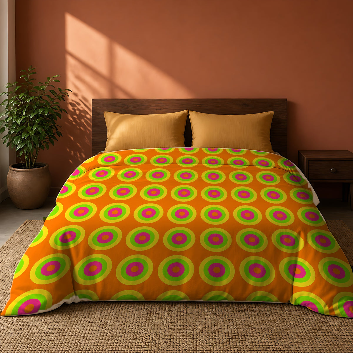 Giant Op-Art Jewel Rings Cotton Duvet Cover on a king bed against a warm terracotta wall