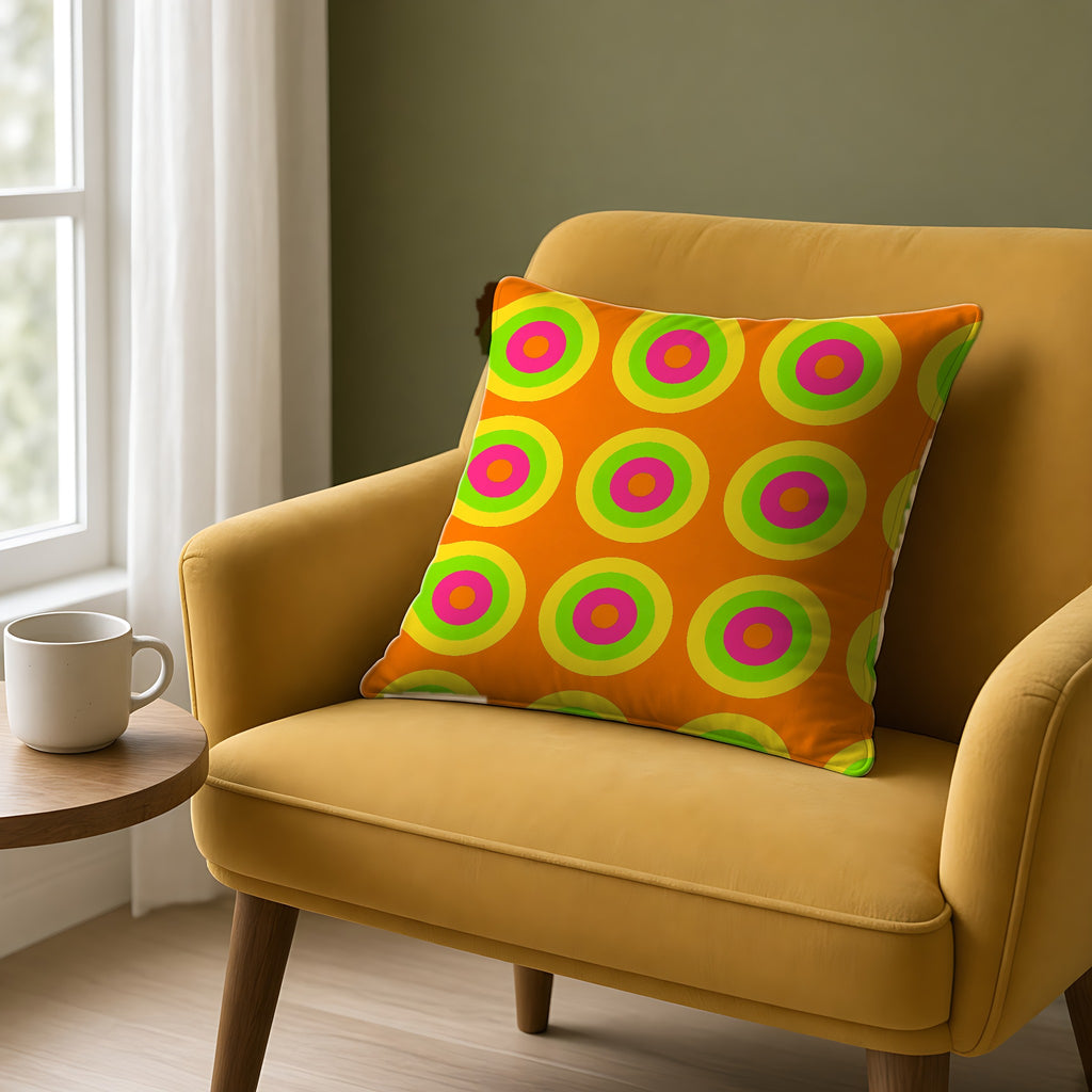 Giant Op-Art Jewel Rings Faux Suede Cushion on a mustard armchair by a window