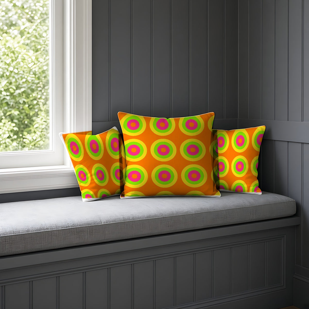 Giant Op-Art Jewel Rings Faux Suede Cushion on a window seat