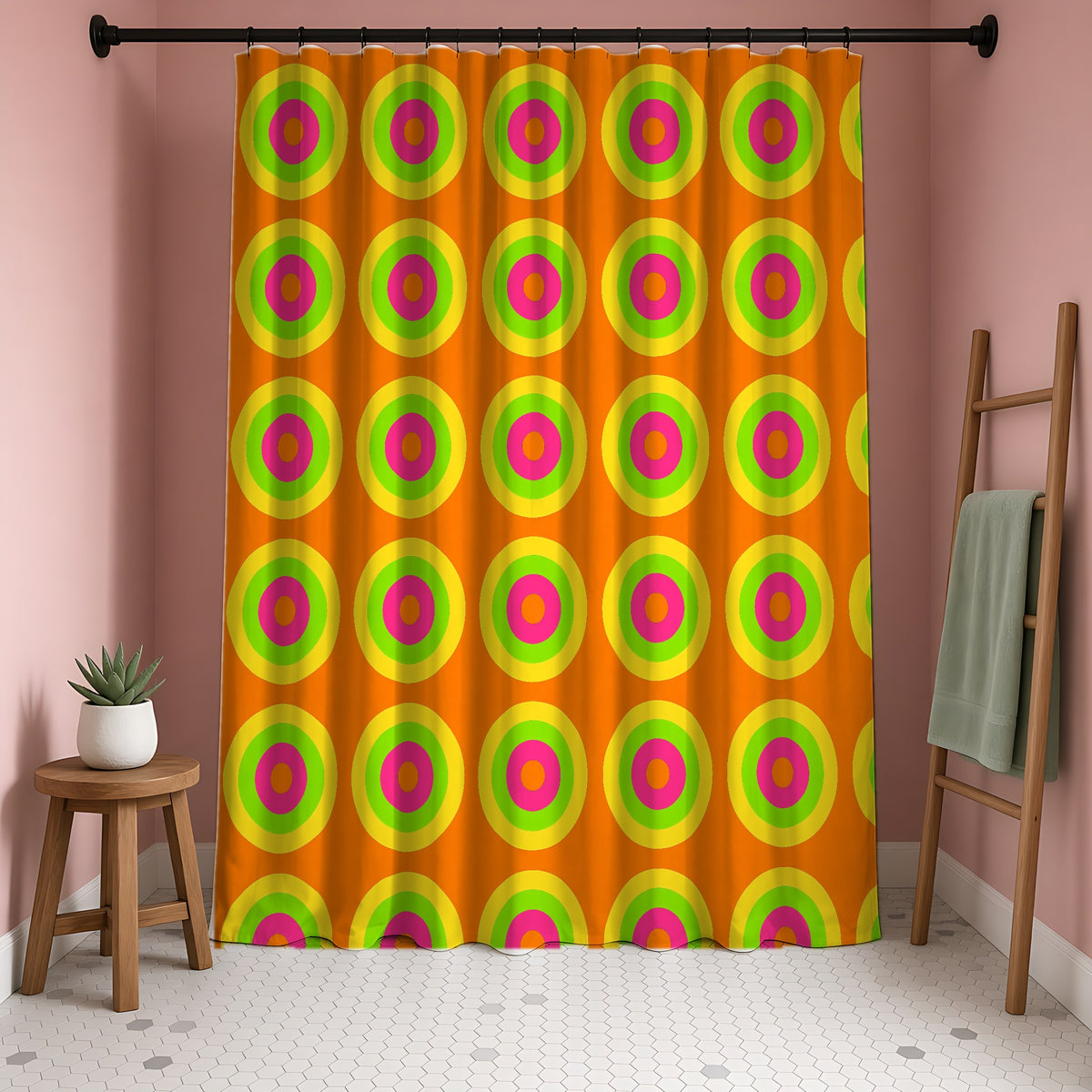 Giant Op-Art Jewel Rings Shower Curtain in a blush-pink bathroom