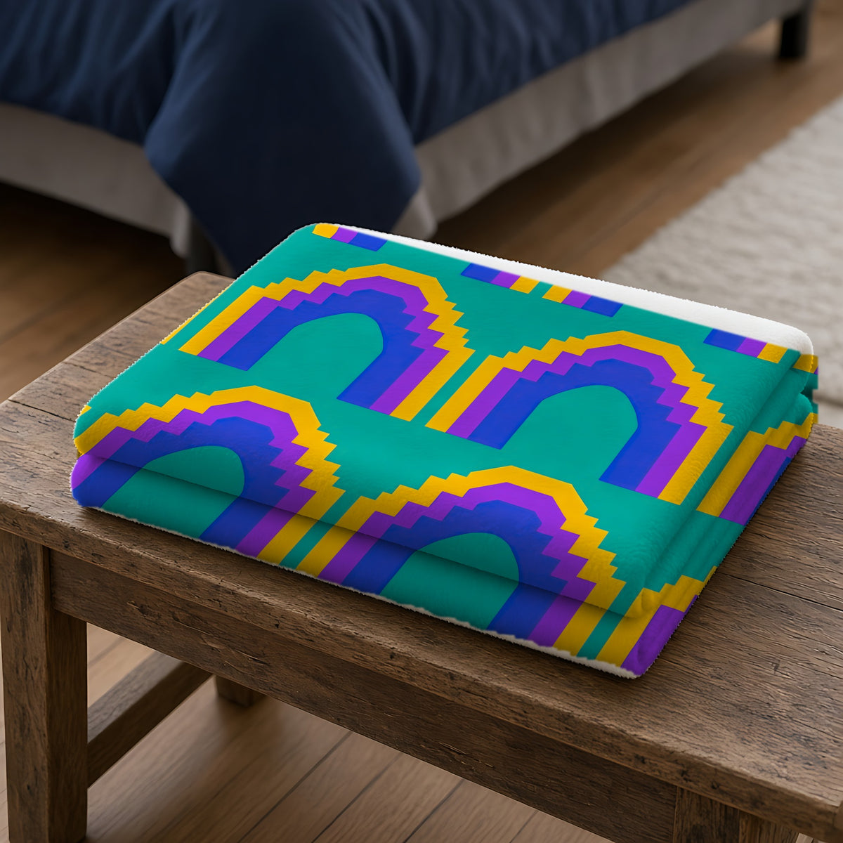 Grand Stepped Arches Sherpa Fleece Blanket folded on a wooden bench