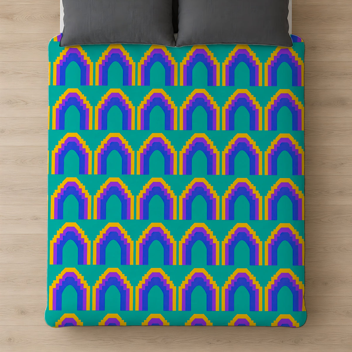 Grand Stepped Arches Comforter on a bed, seen from above